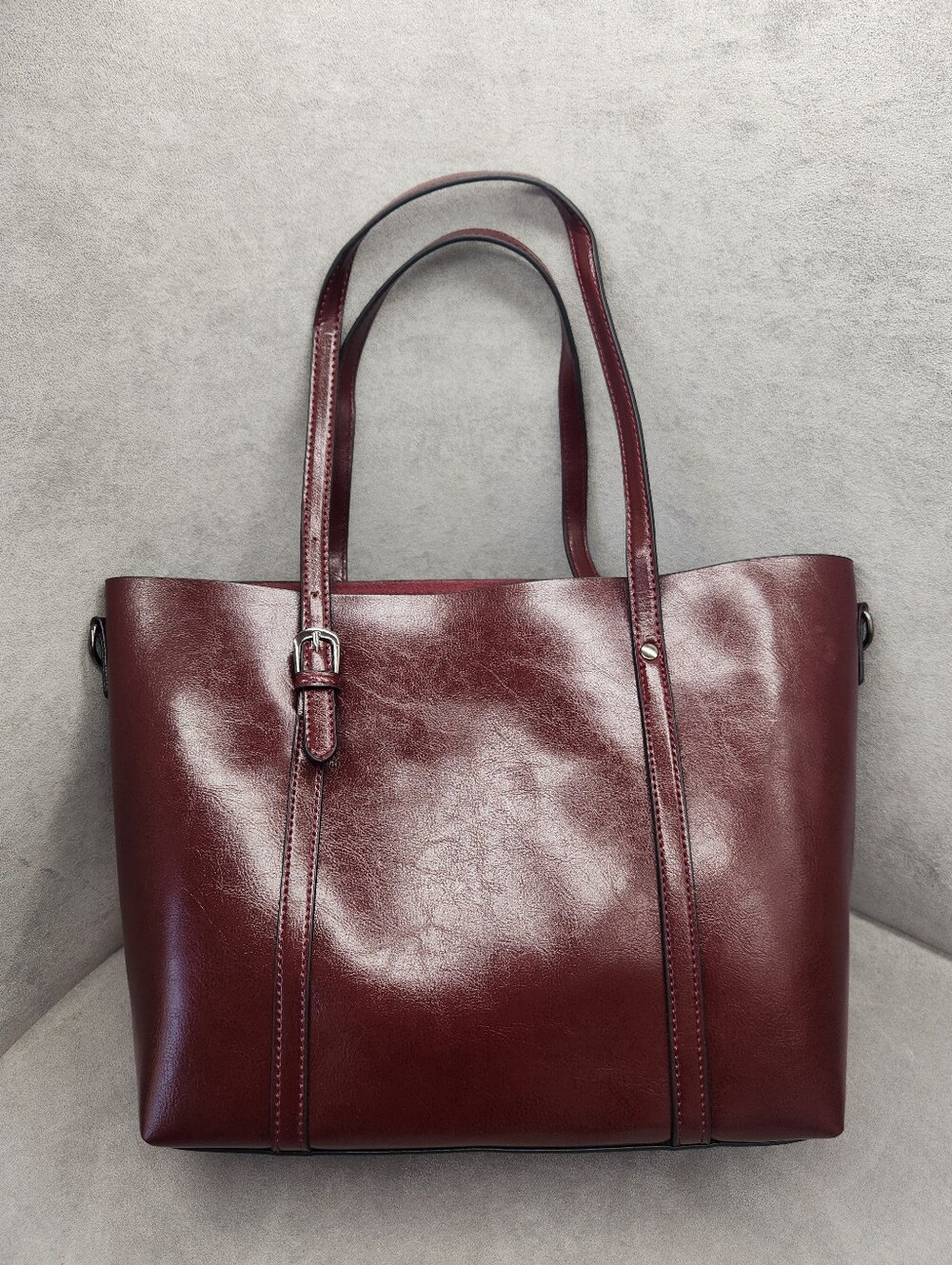 Glossy Vegan Leather Tote Bag Brown Career Classic Office Casual Travel New